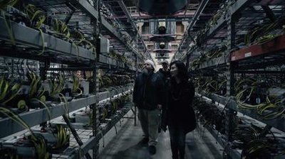 A vast expanse of mining rigs humming in a climate-controlled facility, symbolizing efficient power usage and optimal temperatures within a mining farm.